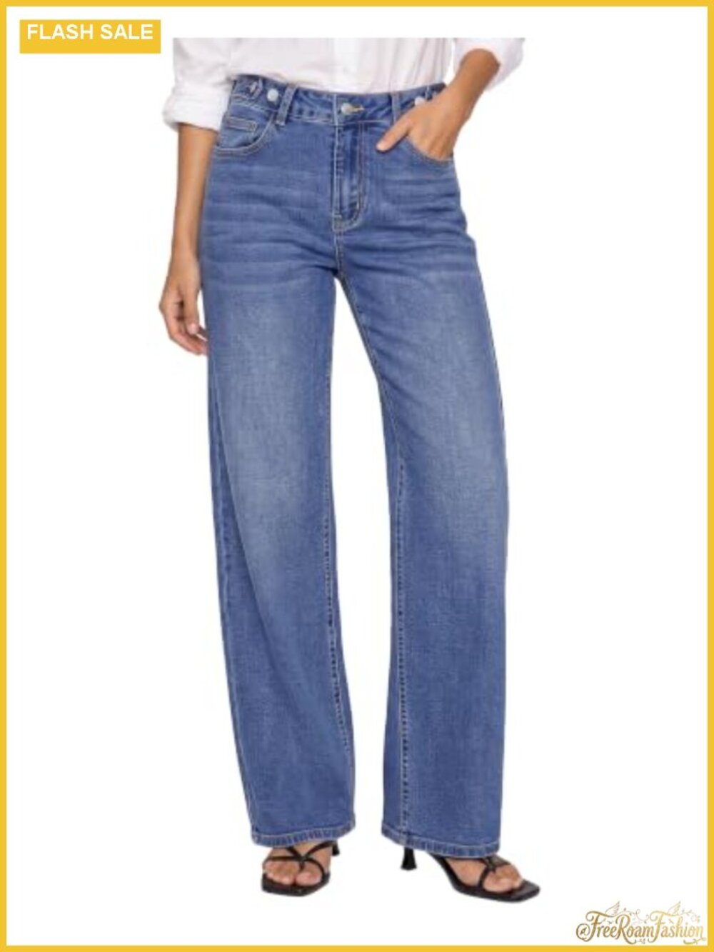 Women's Wide Leg High Rise Stretchy Denim Jeans Cinch Waist